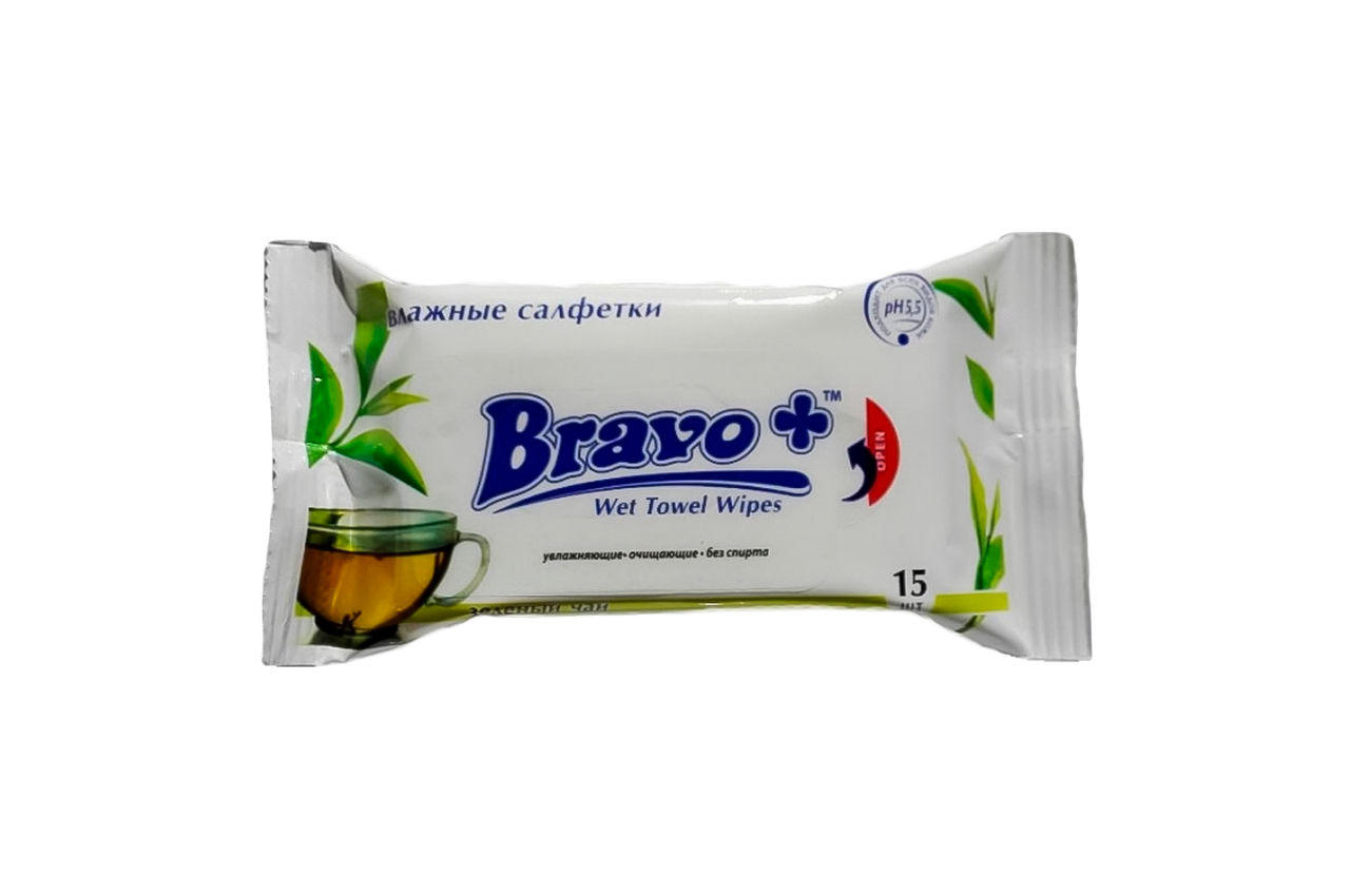 Салфетки влажные Bravo - зеленый чай (15 шт.) 1