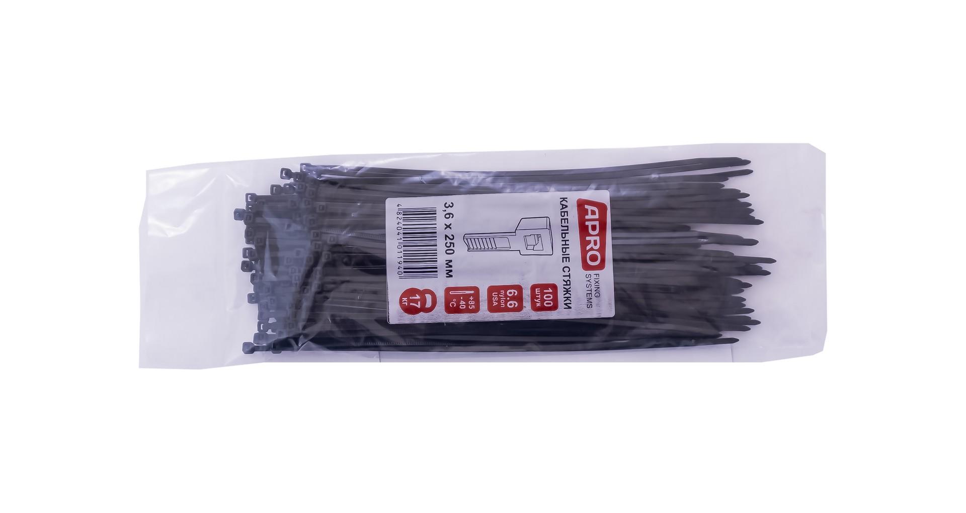 Хомут пластиковый Apro - 3,6 x 250 мм черный (100 шт.) 2