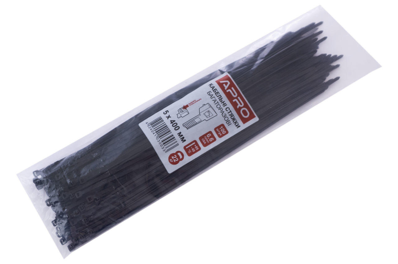 Хомут пластиковый многоразовый Apro - 5 x 400 мм черный (100 шт.) 3