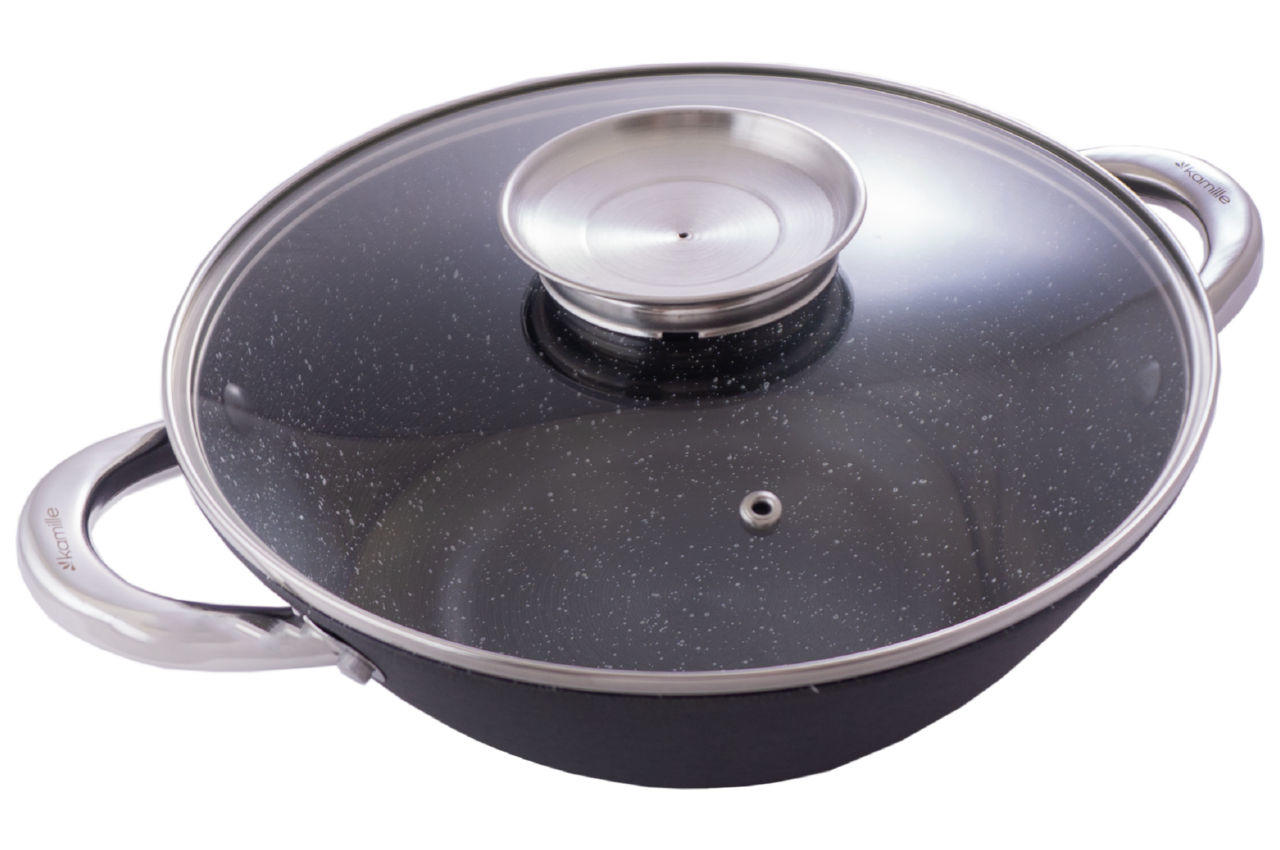 Сковорода-wok чугунная Kamille - 320 мм x 4,5 л мрамор с крышкой 1