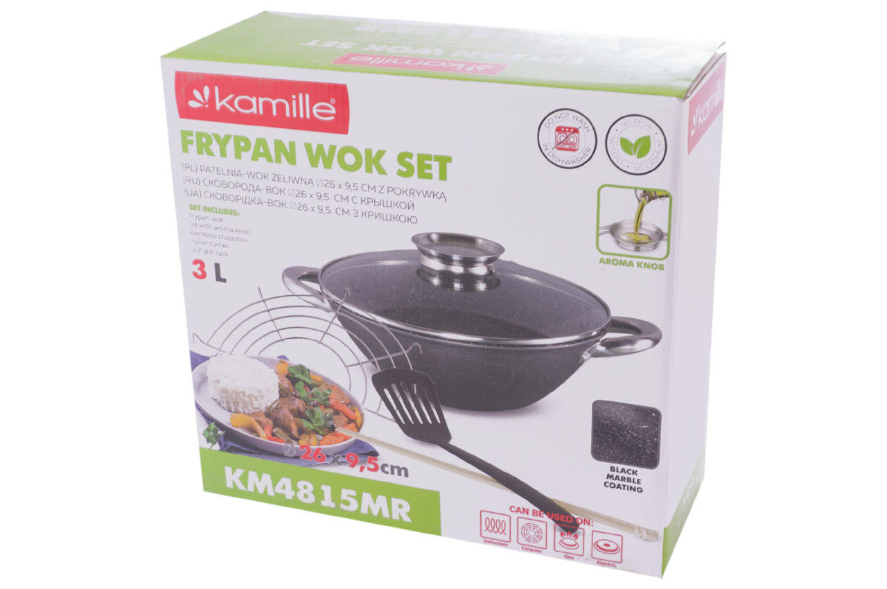 Сковорода-wok чугунная Kamille - 320 мм x 4,5 л мрамор с крышкой 6
