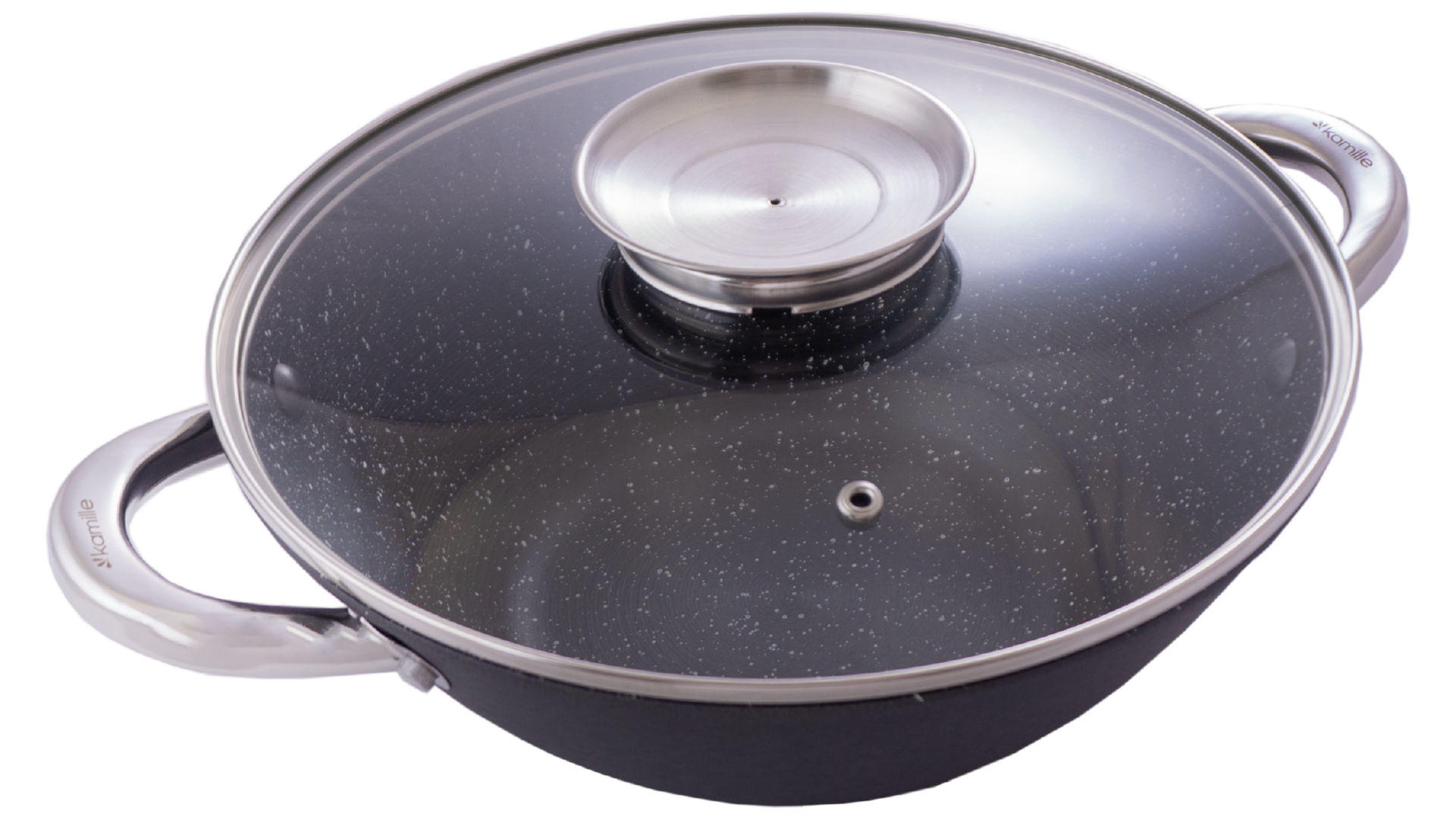 Сковорода-wok чугунная Kamille - 320 мм x 4,5 л мрамор с крышкой 7