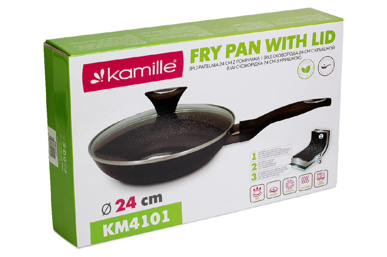 Сковорода антипригарная Kamille - 240 мм Black Marble с крышкой 2