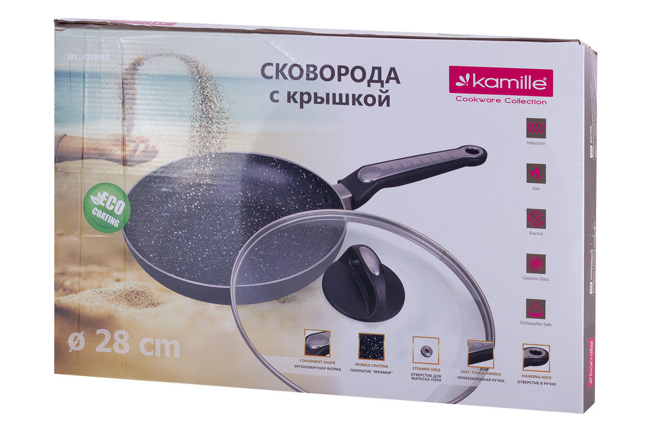 Сковорода антипригарная Kamille - 280 мм мрамор с крышкой 3