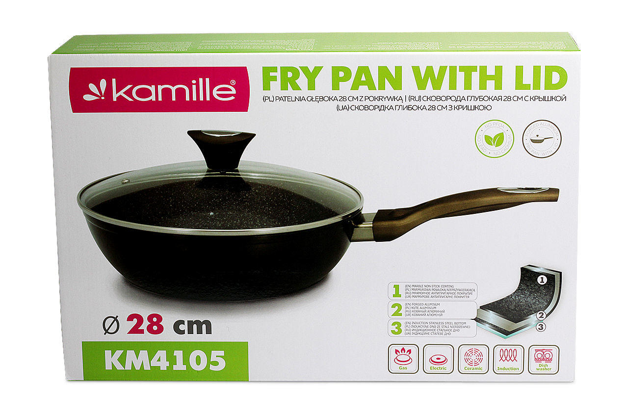 Сковорода антипригарная Kamille - 280 мм Black Marble глубокая с крышкой 2