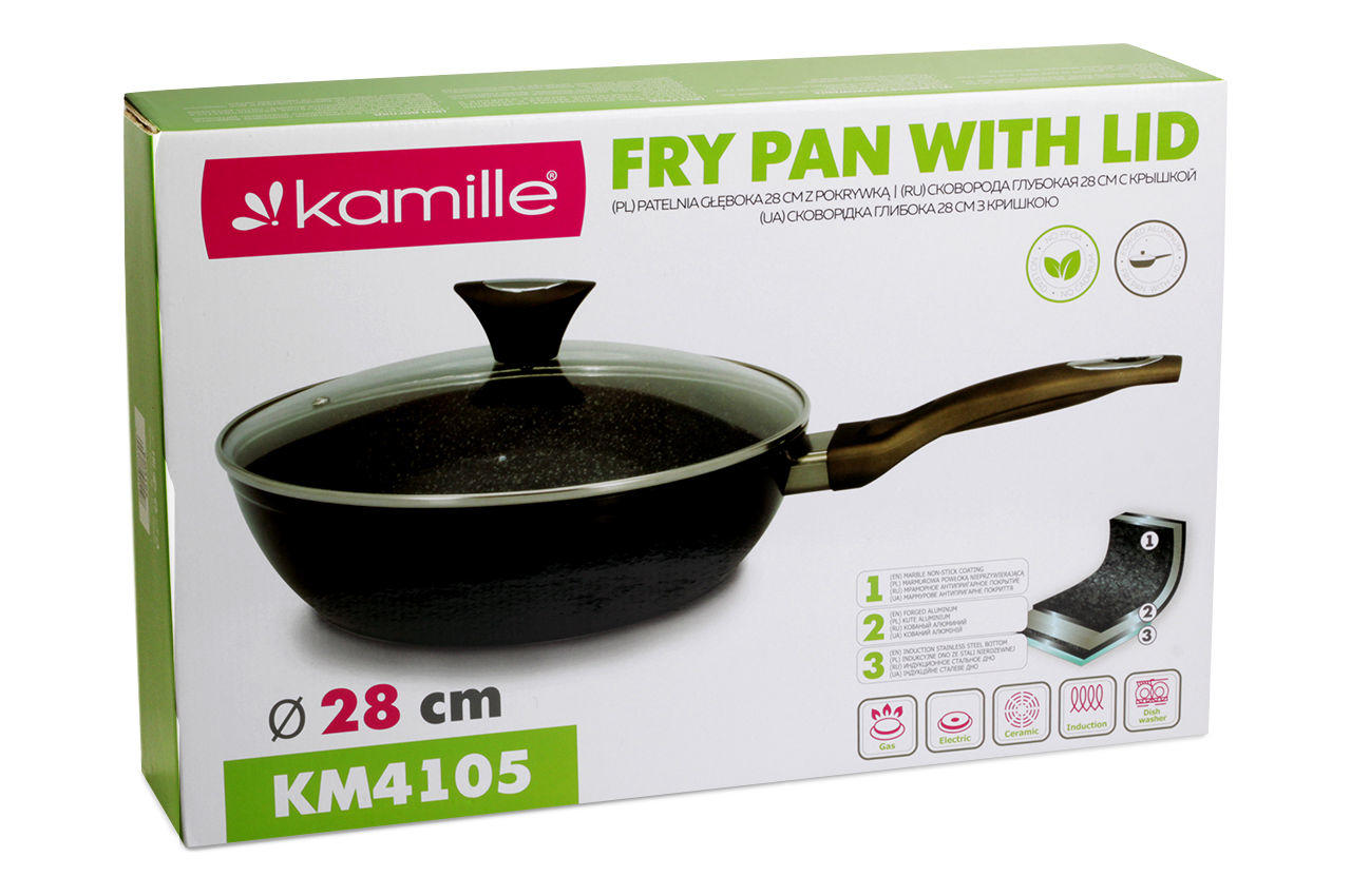 Сковорода антипригарная Kamille - 280 мм Black Marble глубокая с крышкой 3