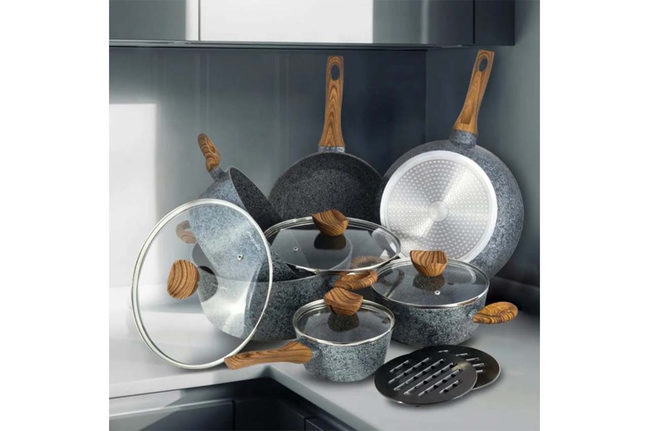Набор посуды антипригарный Kamille - 2 x 4 x 6 x 1,25л + 240 x 280 мм Grey Marble (6 шт.) 2